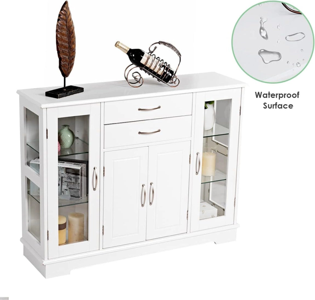 Credenza e Buffet a Ripiani, con 4 Ante e 2 Cassetti, Mensole Regolabili, Armadietto Laterale per Soggiorno, Sala da Pranzo, Cucina, 107 x 30 x 82 cm, Bianco