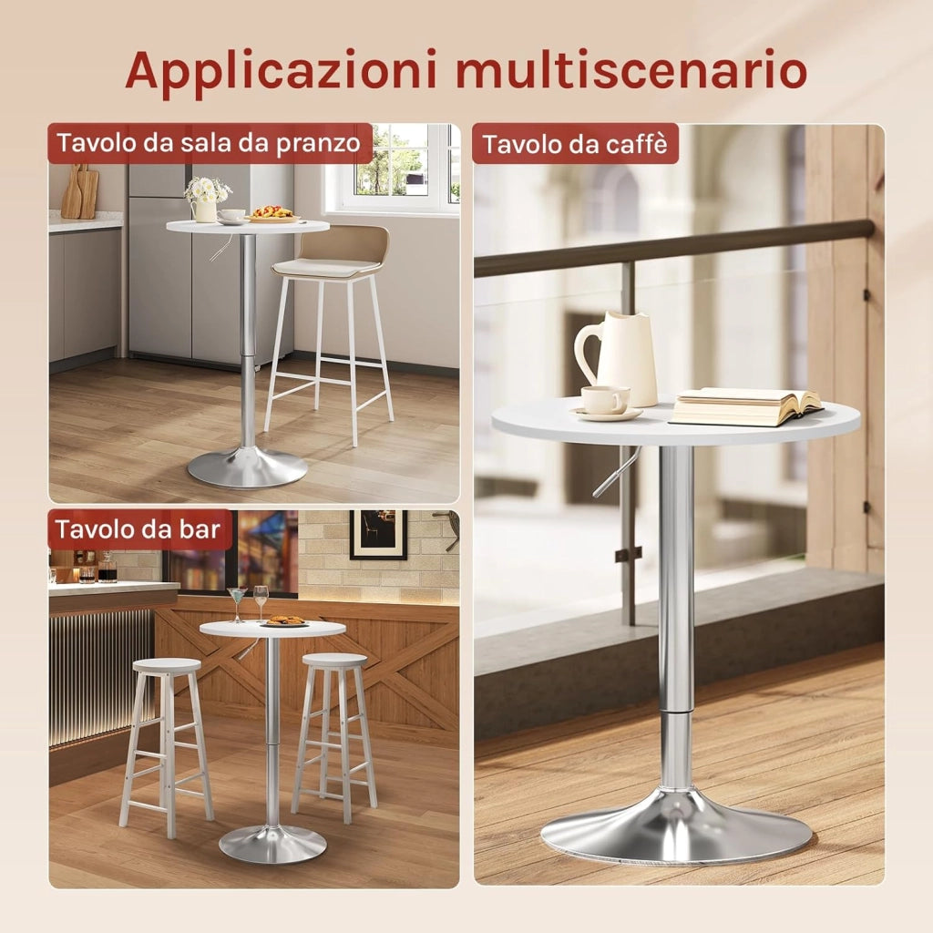 Tavolino da Bar, Girevole Piano Rotondo, Diametri 60 cm, Tavolo da Cucina, Base in Acciaio e Piano in MDF, per Soggiorno, Bianco