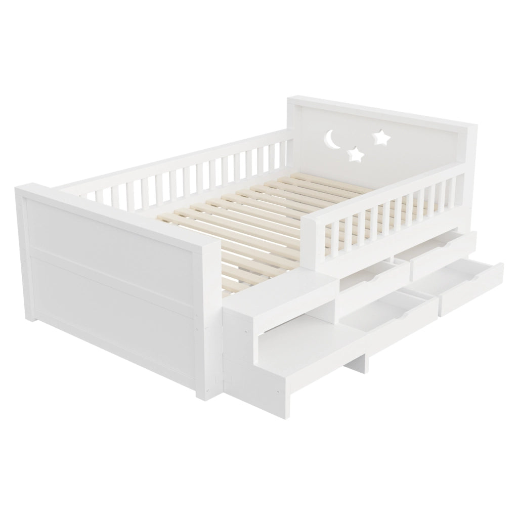 Letto per bambini 90x200 cm con LED, 4 cassetti e sponde in MDF bianco