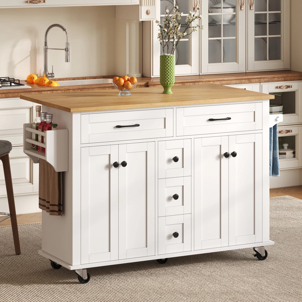 Carrello cucina multifunzionale con piano allungabile, 5 cassetti, armadietti, porta spezie e porta asciugamani