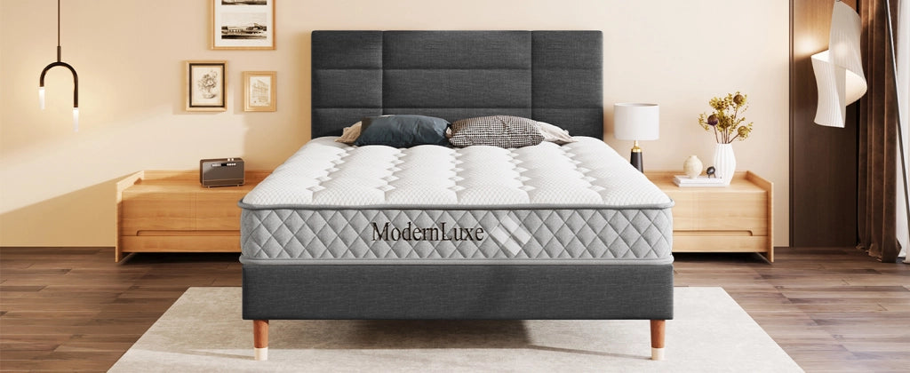Letto imbottito matrimoniale 140 × 200 cm con testiera, materasso incluso e rete, per adulti e ragazzi, in lino grigio