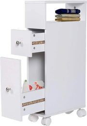 Cassa da bagno con ruote e cassetto per scarpe - Credenza da bagno in posizione verticale alta - Bianca
