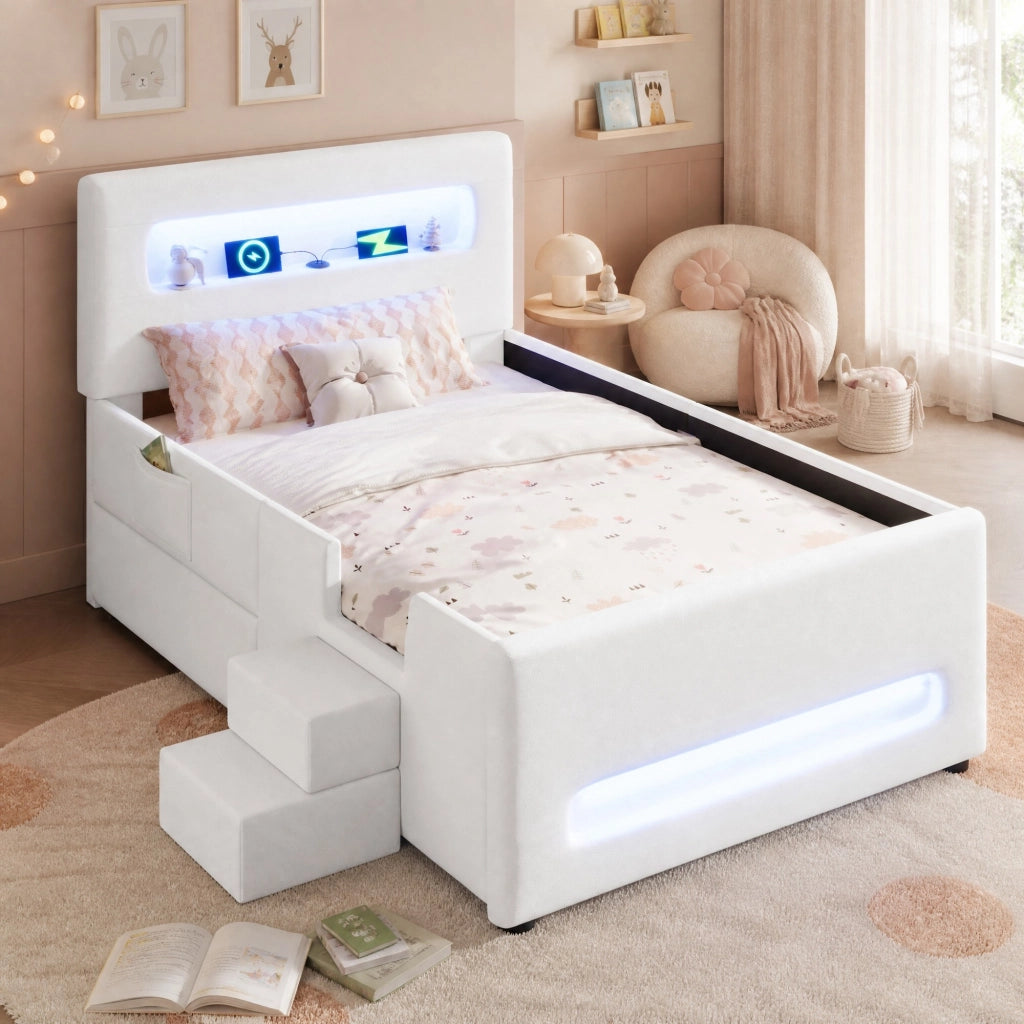 LETTO con cassetto 90x200 cm in PU bianco con LED