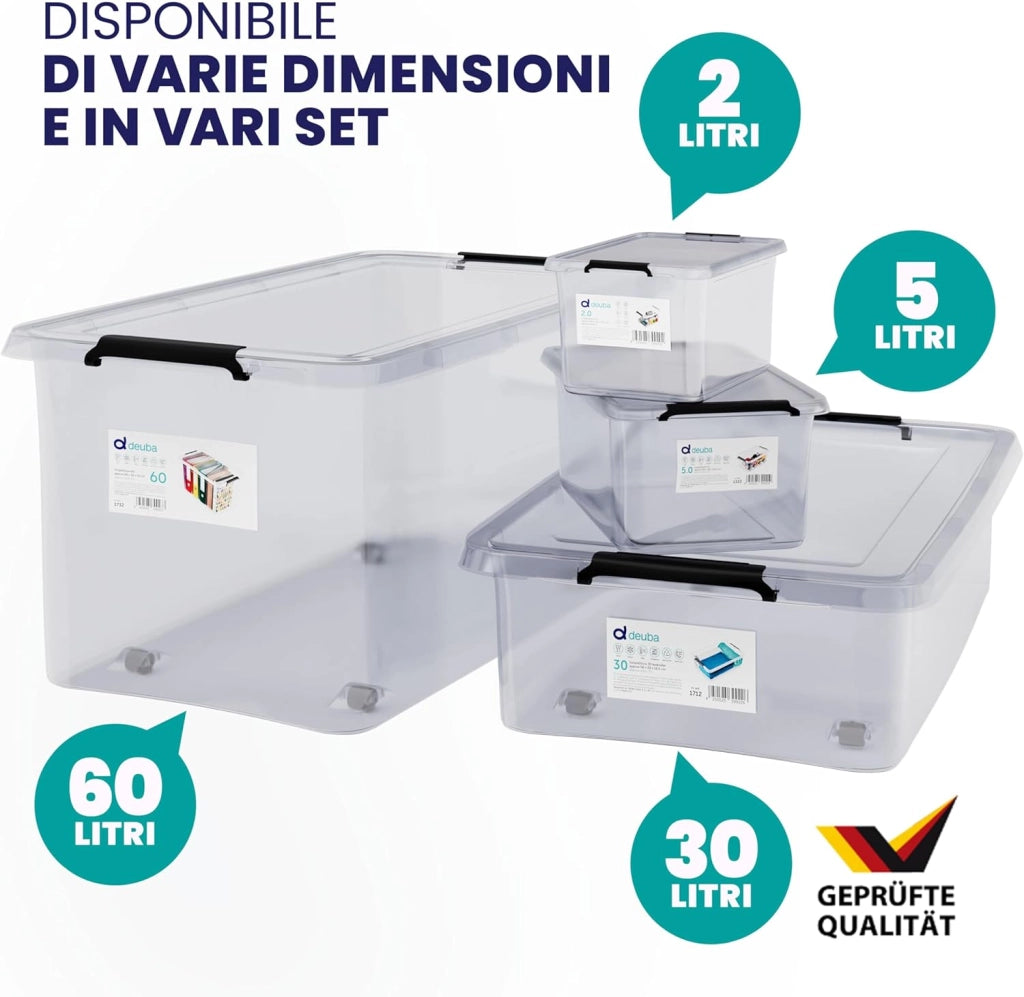 ® 4X 60L Scatole in Plastica Trasparente Senza BPA Contenitori con Coperchio Impilabili Ruote Cassette Salvaspazio