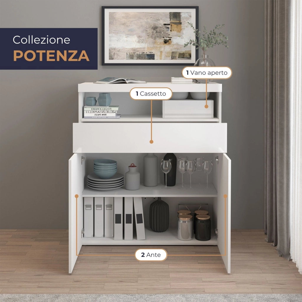 WHOUS Credenza Potenza con 2 ante e 1 cassetto bianco lucido 100x40x121,5 cm