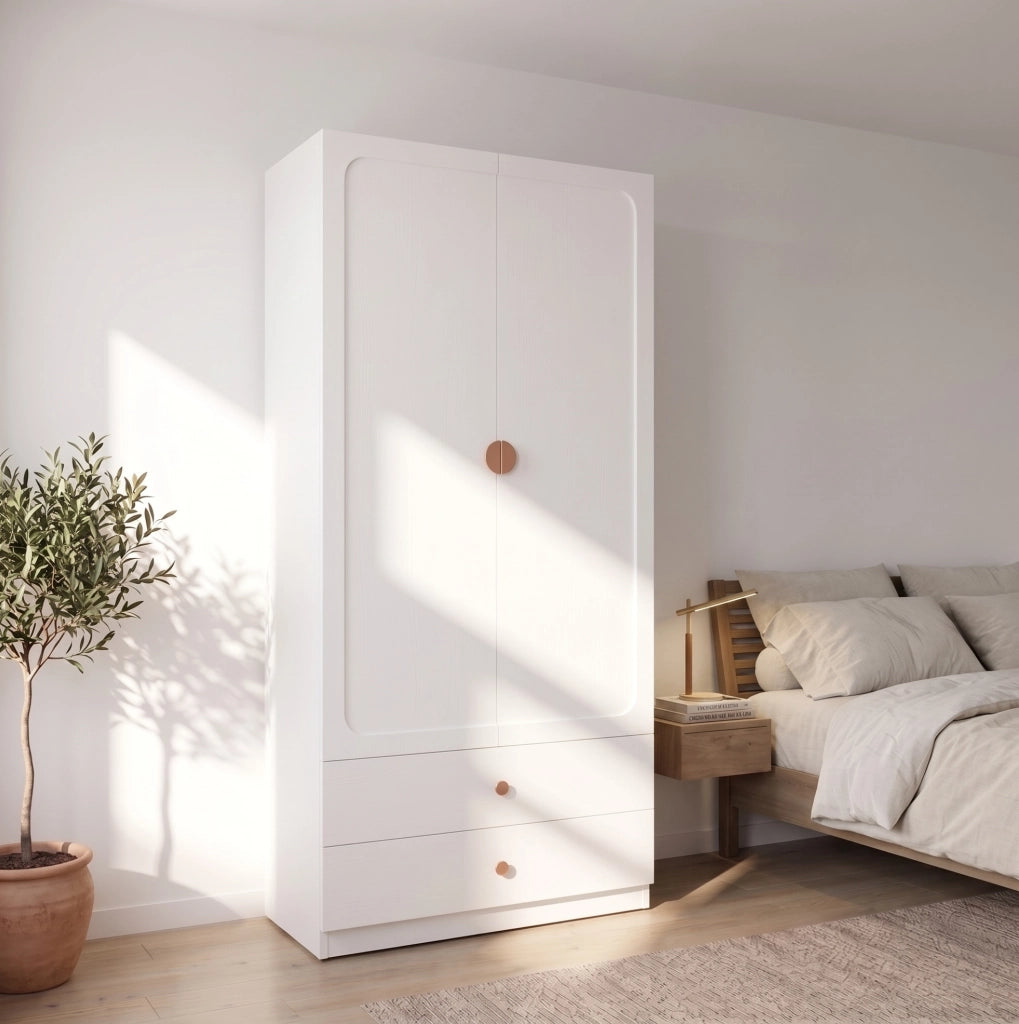 Armadio guardaroba 2 ante con 2 cassetti e appendiabiti 90x45x200 cm bianco