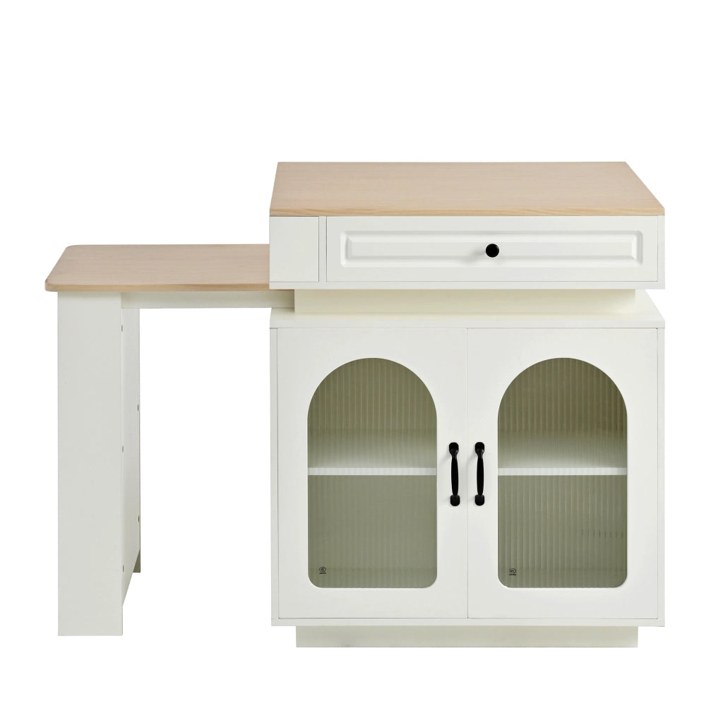 Tavolo allungabile con cassetto, vani aperti e led, per cucina e sala da pranzo, in MDF e vetro, bianco