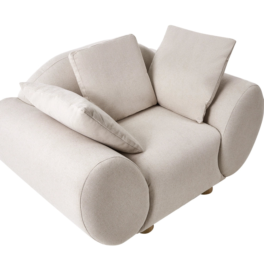 Poltrona imbottita moderna per appartamento Gambe in legno di gomma Schienale imbottito in tessuto intrecciato Beige chiaro