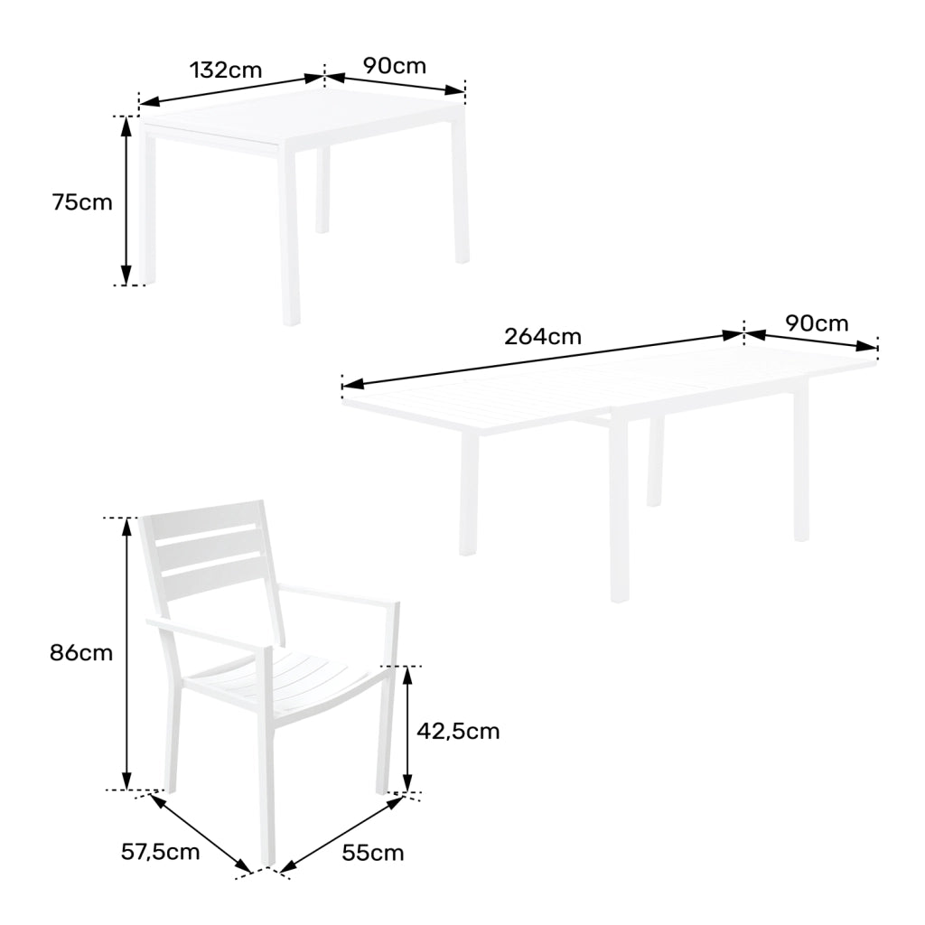 Set di mobili da giardino allungabili VENEZIA 132/264 in alluminio bianco - 10 posti a sedere