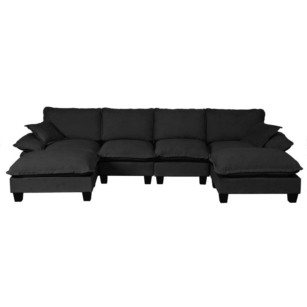 Divano panoramico a U 6 posti modulare con ottomana rimovibile e braccioli ampi in ciniglia nero 323×151×90 cm