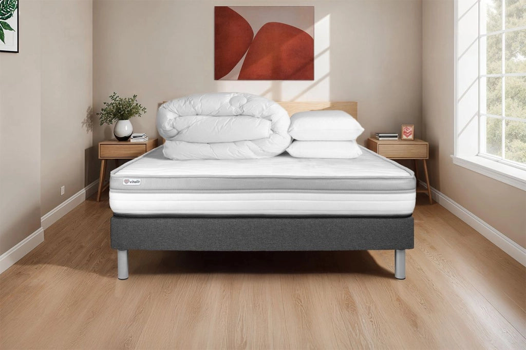 Pacchetto letto completo - Materasso 200x200cm + Box spring con doghe (kit) + 2 cuscini + Piumino - Vital Relax