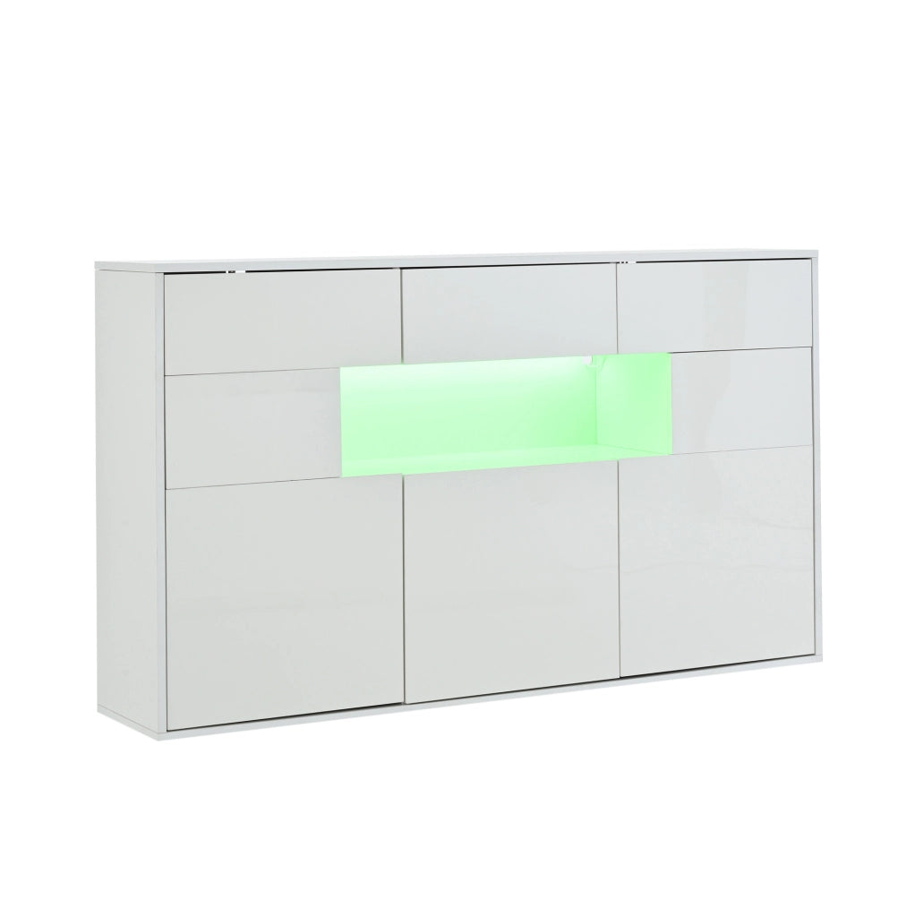 Credenza 140x30x82 cm con 3 cassetti e 5 vani; LED e finitura lucida in MDF bianca