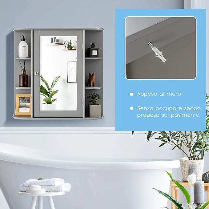 Armadietto del Bagno con Specchio, Armadietto di Legno Appeso con Mensole Regolabili, Armadietto dei Medicinali Multiuso per Bagno Salone Cucina (Grigio)