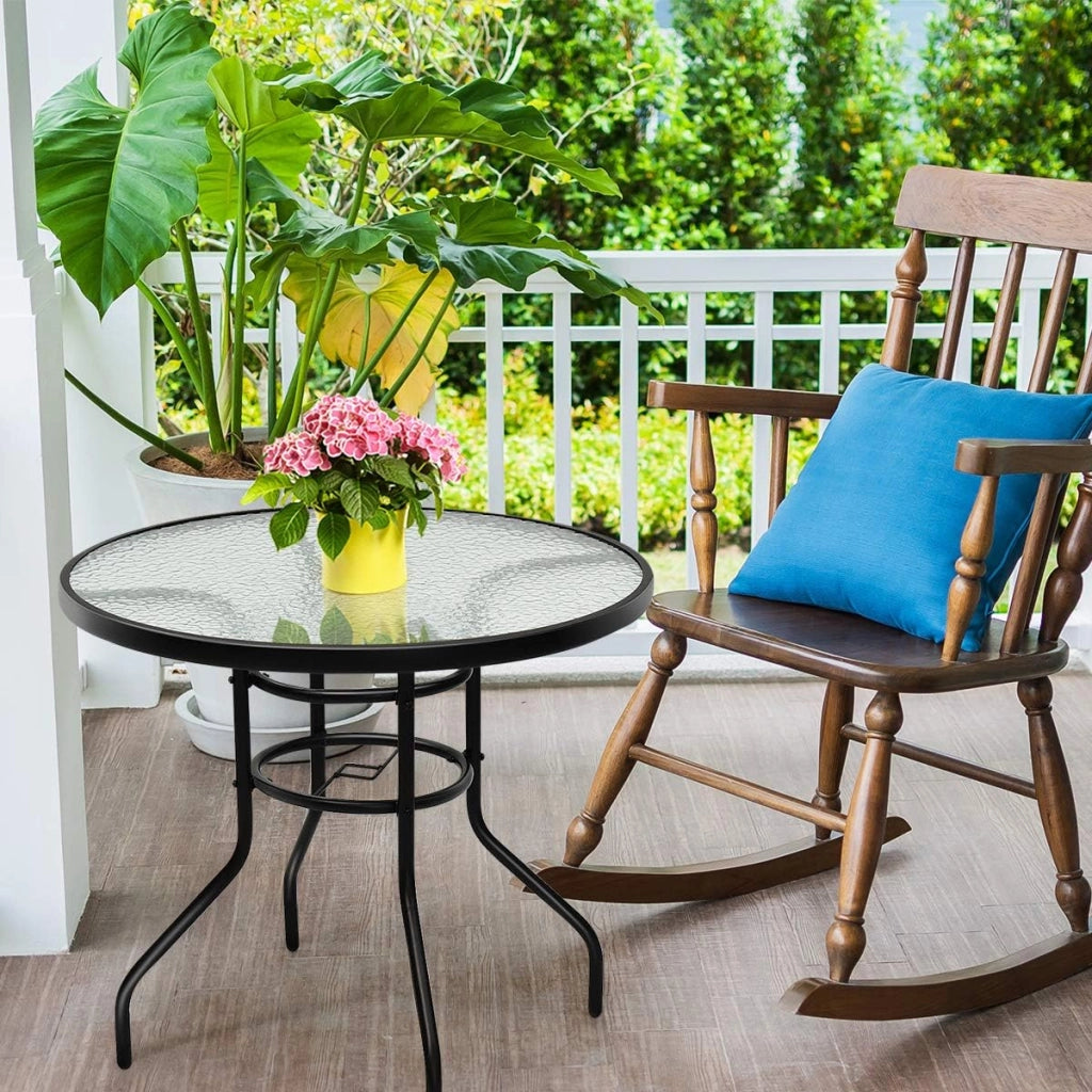 Tavolino Esterno in Metallo e Vetro, Tavolino da Bistro con Foro per Ombrellone 4 cm, Tavolo per Giardino Balcone Cortile, Portata 75 kg (81 x 71 cm)
