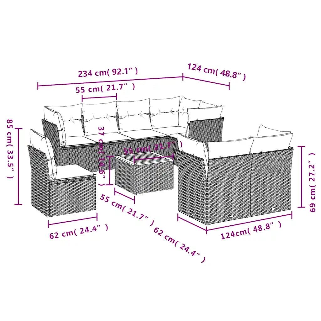 Set Divani da Giardino 9 pz con Cuscini Nero in Polyrattan 3256071