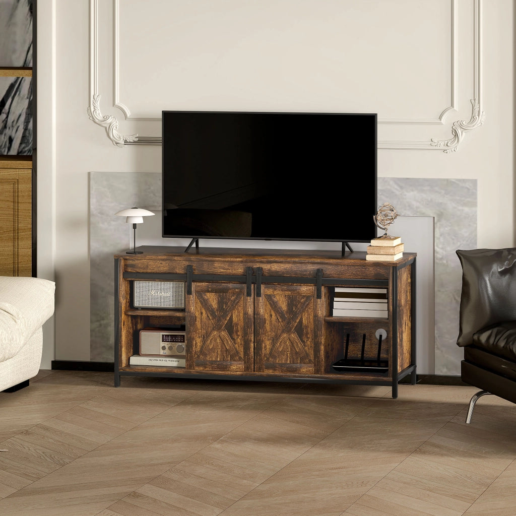 Mobile TV industriale marrone 120x40x54 cm con 2 ante scorrevoli e 6 vani, per TV fino a 60"