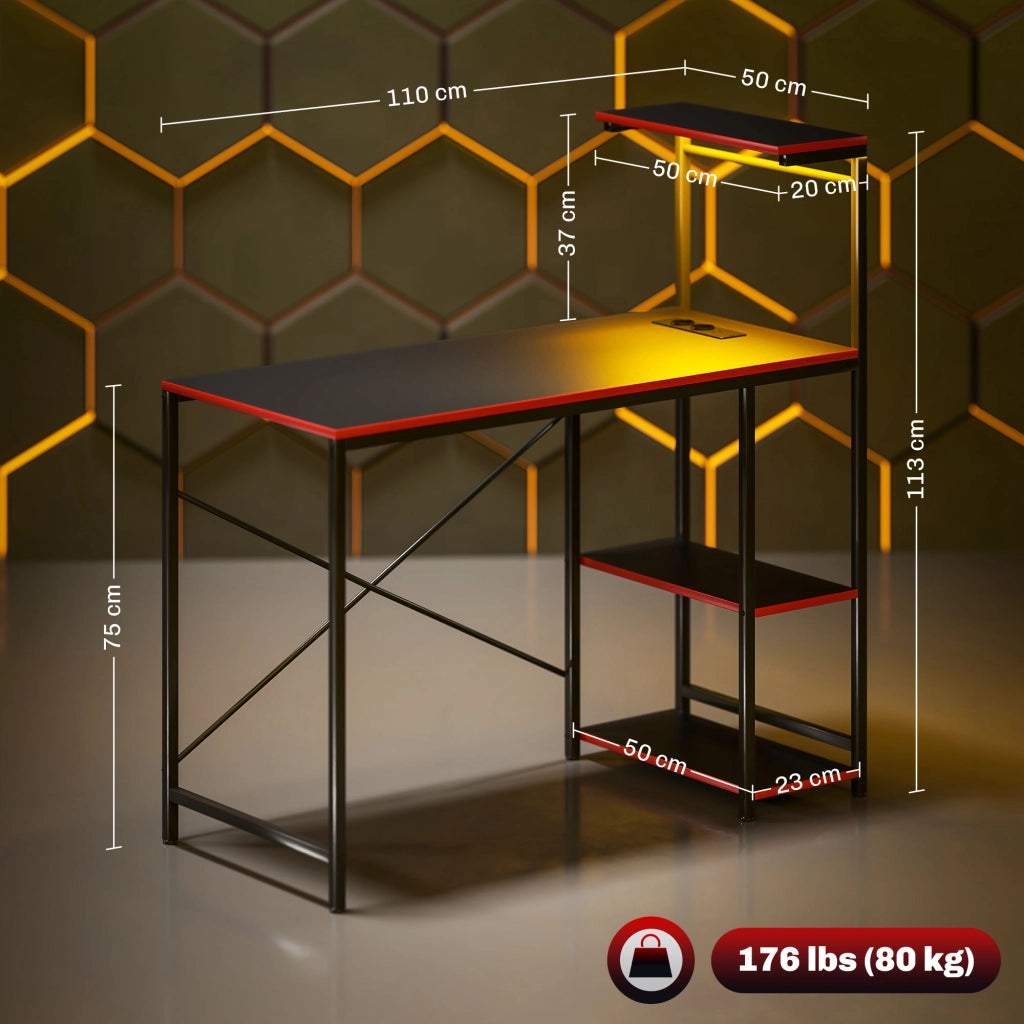 Scrivania Gaming con LED e Prese ¨C Xylo ¨C Fibra di Carbonio Nero 110x50 cm