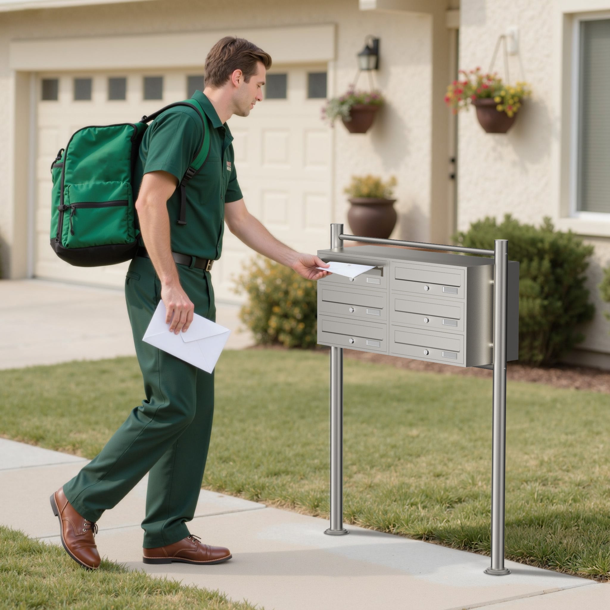 Cassetta postale condominiale autoportante, 6 posti, acciaio inox, 945 x 270 x 1200 mm, 2 moduli