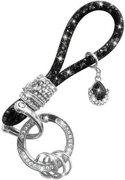 Sostegno per chiavi brillante con pietre stradali - Acciaio inossidabile - D-ring - Chiusura clip - Nero - Alta qualità - Sostegno per chiavi