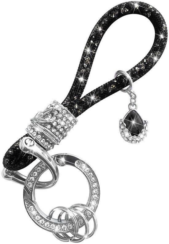 Sostegno per chiavi brillante con pietre stradali - Acciaio inossidabile - D-ring - Chiusura clip - Nero - Alta qualità - Sostegno per chiavi