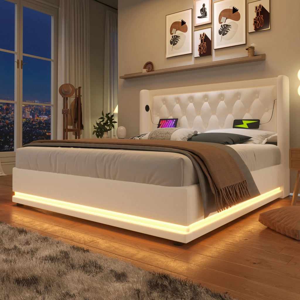 Letto contenitore 140x200 cm bianco in PU con LED, ricarica USB-C e materasso H3