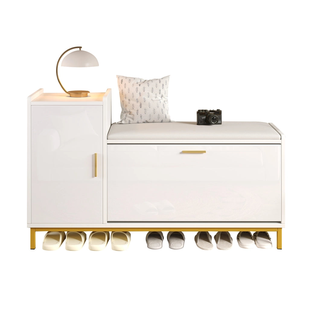 Scarpiera con seduta 100 x 38 x 68 cm, bianco e oro, con 2 ripiani, 1 vano e finitura lucida