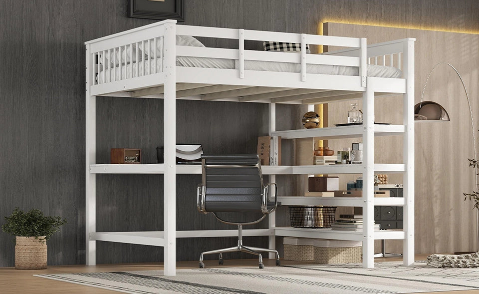 Letto a soppalco per bambini 140x200 cm con scrivania e scaffali, senza materasso, bianco