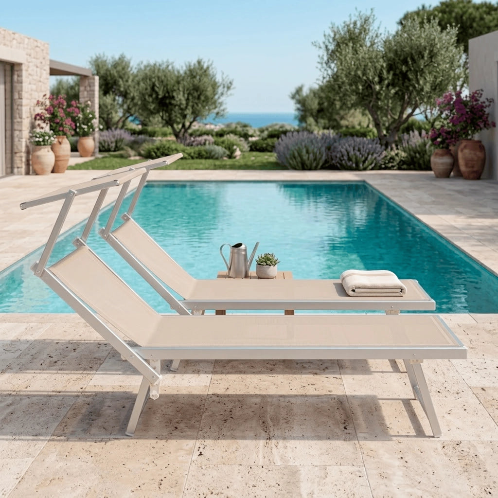 Set 2 Lettini Prendisole Pieghevoli Professionali In Alluminio Leggero Con Tettuccio Parasole Regolabile Sdraio Relax Mare Spiaggia Piscina Giardino Terrazza 182 x 60 x 38 Cm Beige
