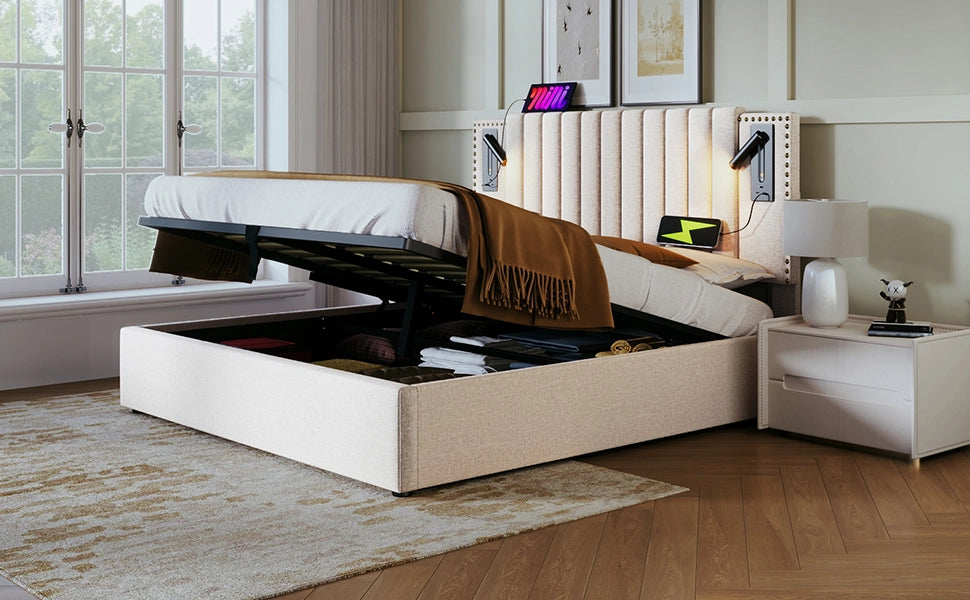 DESMIU Letto contenitore 180 × 200 cm 2 posti con luce da lettura, USB Type-C, testiera regolabile, senza materasso
