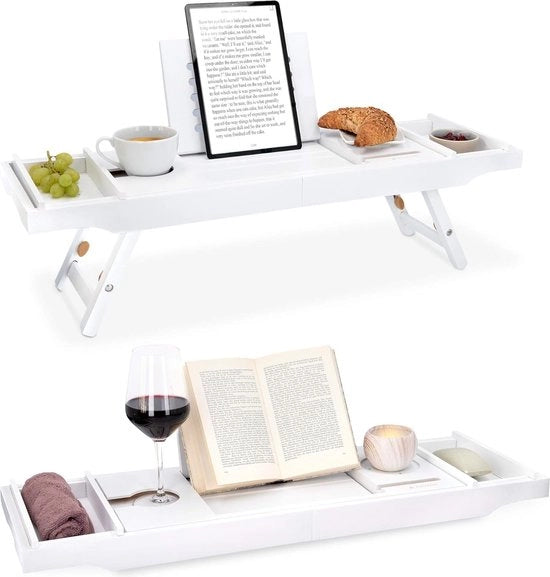 Pieghevole tavolo da bagno e da letto in legno bianco con ripiano e vassoio per vino
