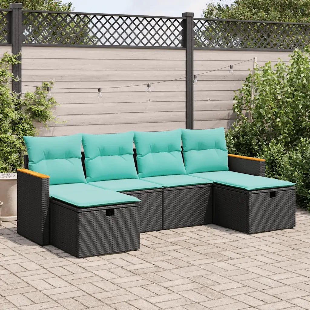 Set Divano da Giardino 6 pz con Cuscini Nero in Polyrattan