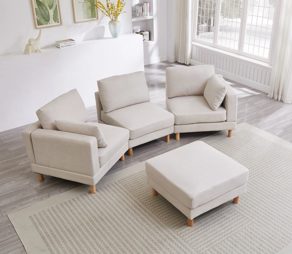 Divano Angolare 3 Posti con Poggiapiedi ¨C MINIMAL ¨C Beige, Tessuto Poliestere, Gambe Massello, 235x152x78 cm