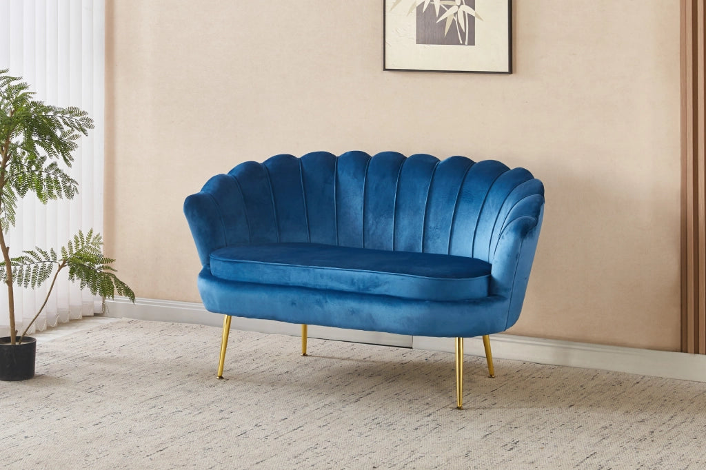 Divano Due 2 Posti In Velluto Forma Conchiglia Gambe In Metallo 133x63x75 Cm Camera Soggiorno Ufficio  Blu