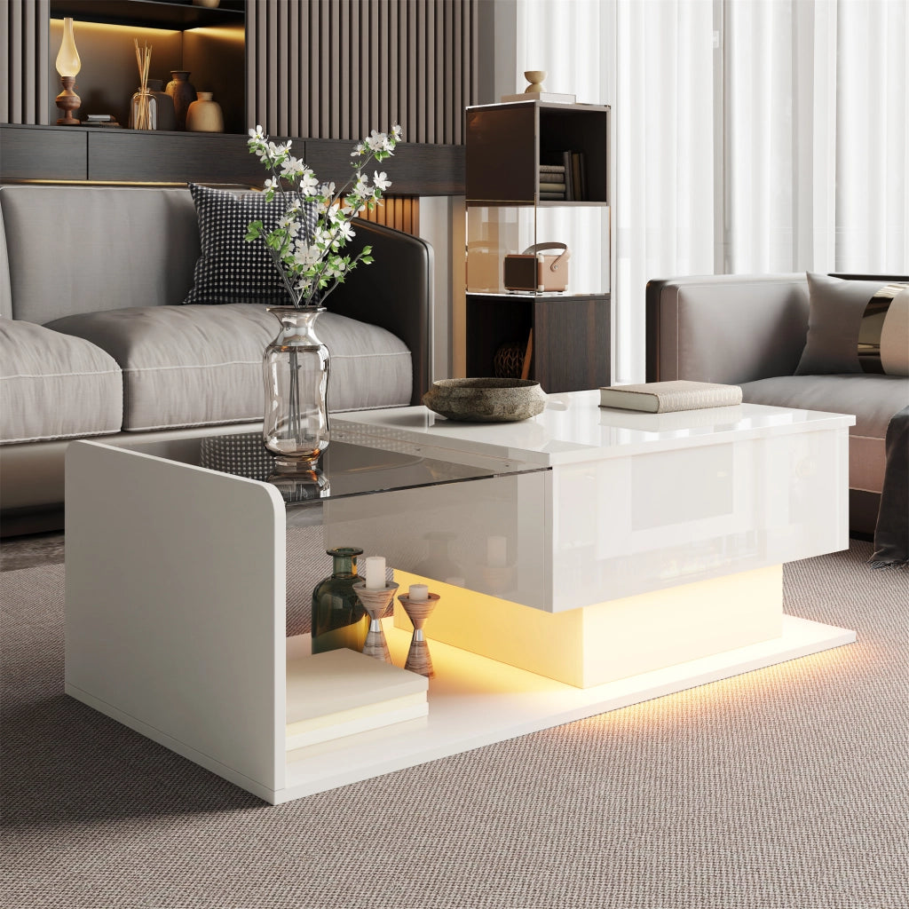 OKWISH Tavolino da Salotto Alzabile con Piano in Vetro Temperato, Vano Aperto e Chiuso, LED, per Soggiorno, 100 x 50 x 47.5 cm
