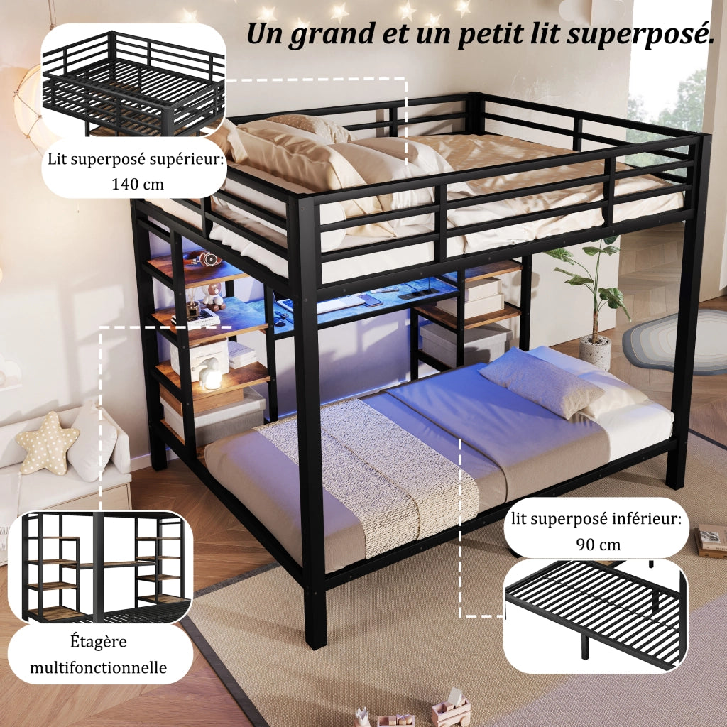 Letto a castello familiare 90x200 / 140x200 cm, 3 posti letto con ripiani portaoggetti, prese USB/Type-C/Jack e illuminazione LED, metallo nero