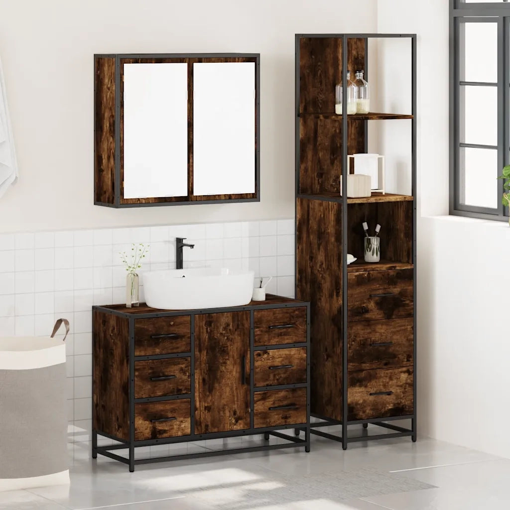 Set Mobili da Bagno 3 pz Rovere Fumo in Legno Multistrato