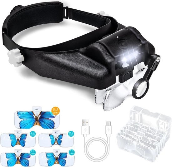 Verglassio a mano libera con illuminazione - 1x a 14x ingrandimento - ricaricabile - illuminazione LED - 5 lenti - per gioiellieri - hobby - lavoro