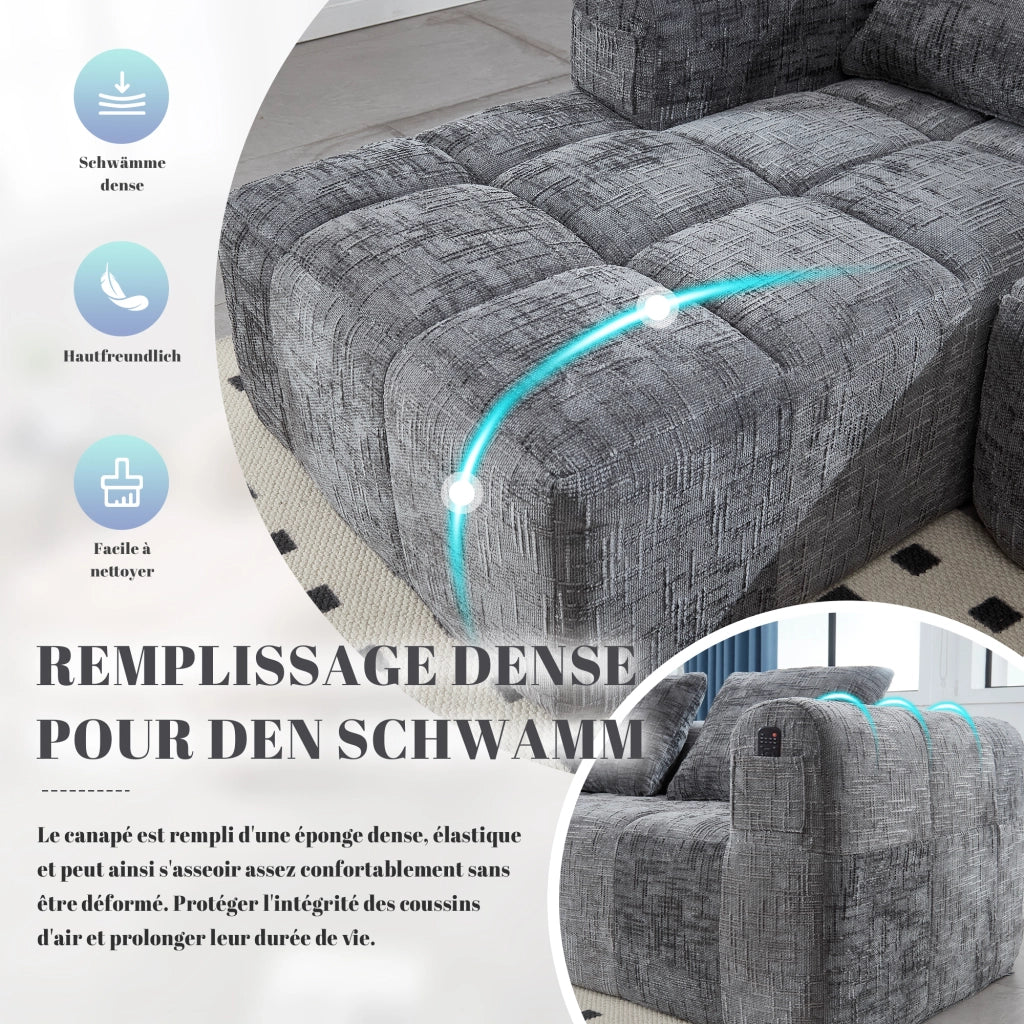 DIVANO angolare 250x158x60 cm in chenille grigio, con chaise longue e tasche laterali