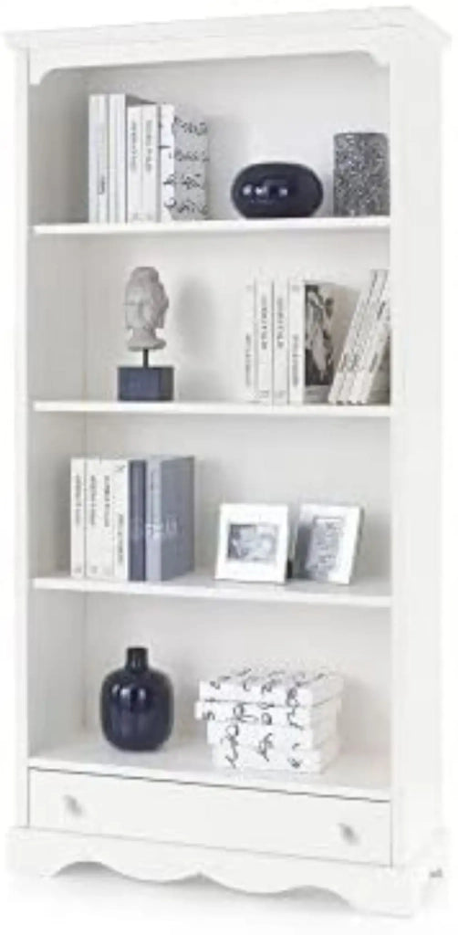 Libreria 1 cassetto 4 ripiani arte povera in legno massello e mdf con rifinitura in bianco 94x36x189 H