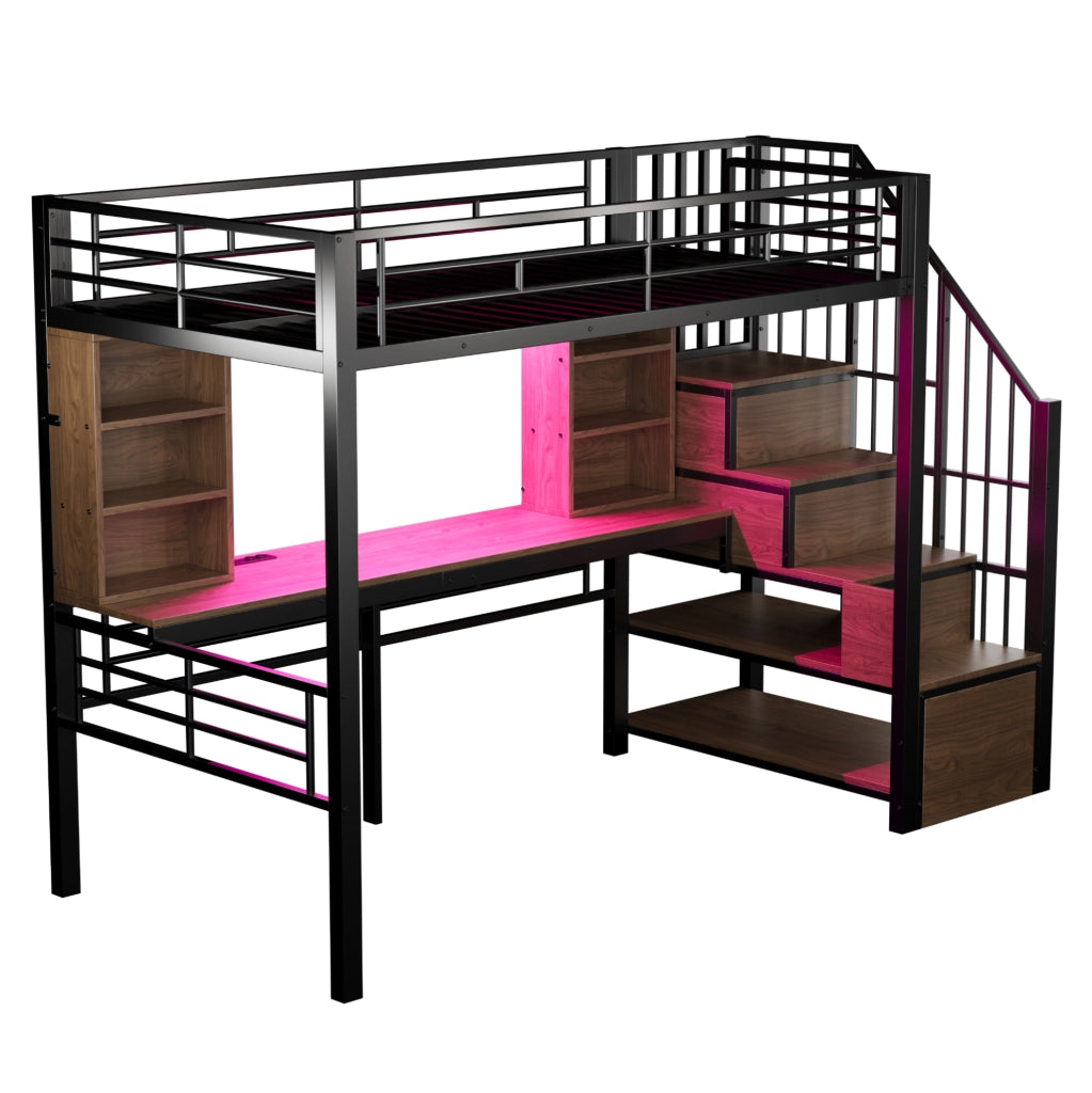 Letto a soppalco 90x200 cm con scrivania; scala contenitore reversibile e LED; nero