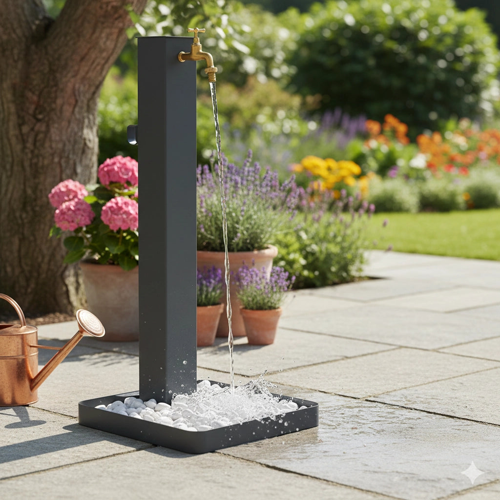 Fontana da Giardino Design a Colonna Quadrata Rubinetto in Ottone e Base con Ciottoli Antracite
