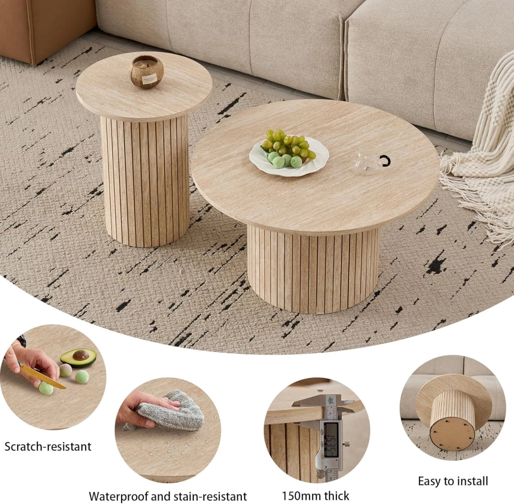 GrandCA HOME - Set di 2 Tavolini Rotondi da Caffè, Tavolino Rotondo da Divano, Piano in MDF con Base a Doghe in Legno, Ideale per Soggiorno e Ufficio (Travertino gialloe)