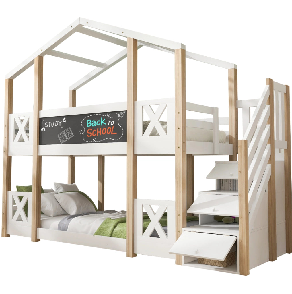 Letto a soppalco per bambini 90x200 cm in legno bianco e naturale con scala contenitore