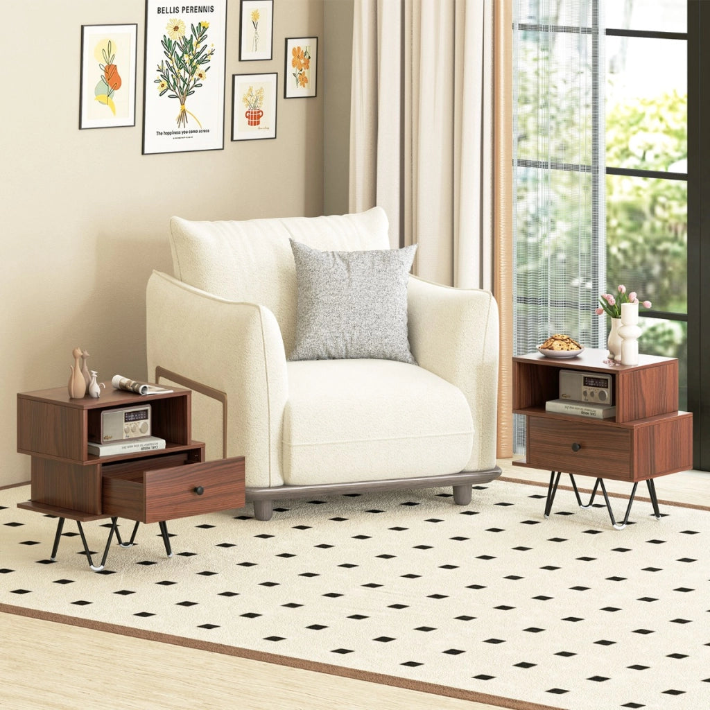Set di comodini a 2 pezzi con cassetto rimovibile, Tavolini laterali con scomparto aperto e gambe in metallo Noce-Comodini
