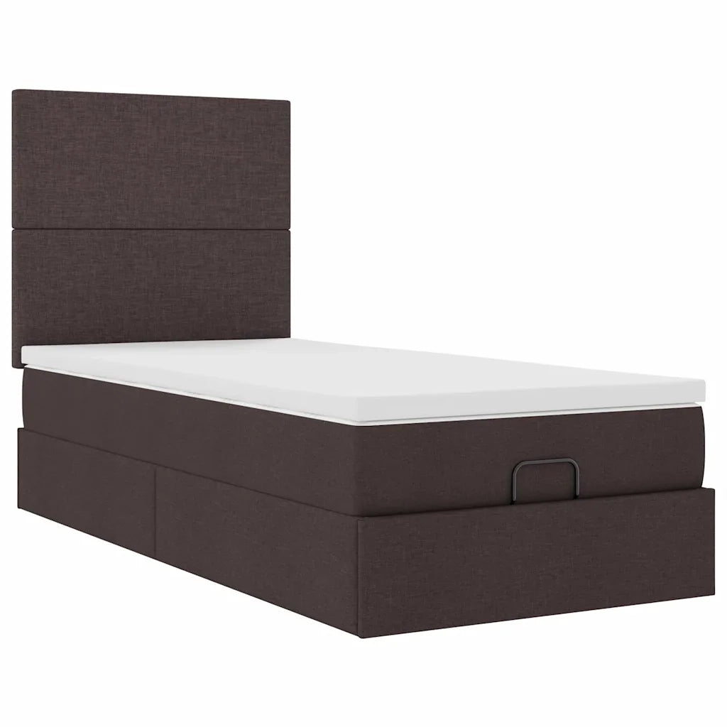 Pouf Letto con Materasso e LED Marrone Scuro 90x200 cm Tessuto