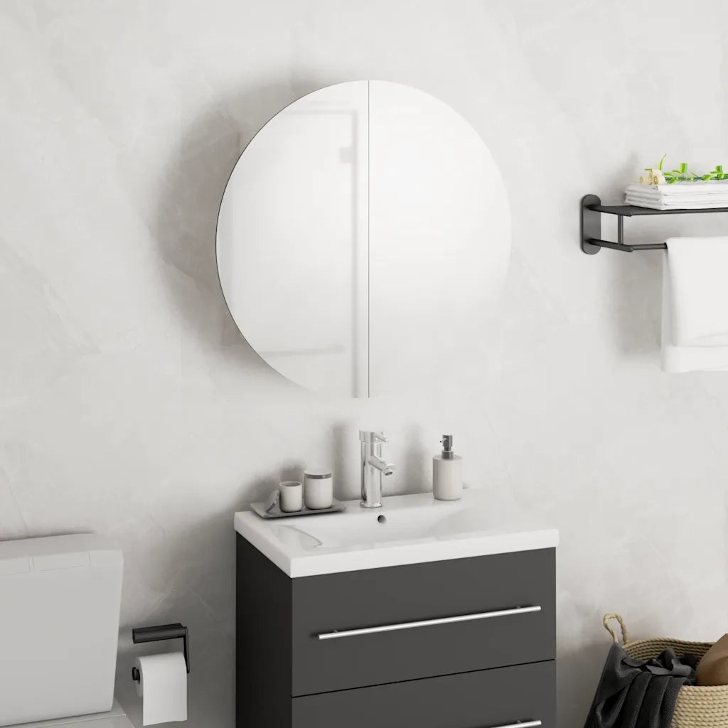 Armadio da Bagno | Mobile da Bagno con Specchio Rotondo e LED Bianco 40x40x17,5cm