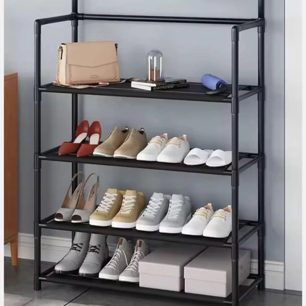 Appendiabiti Ingresso con Scarpiera a 4 Ripiani, Attaccapanni Salva Spazio Porta Abiti Autoportante H150 cm, Stile Vintage Nero per Salotto e Corridoio.
