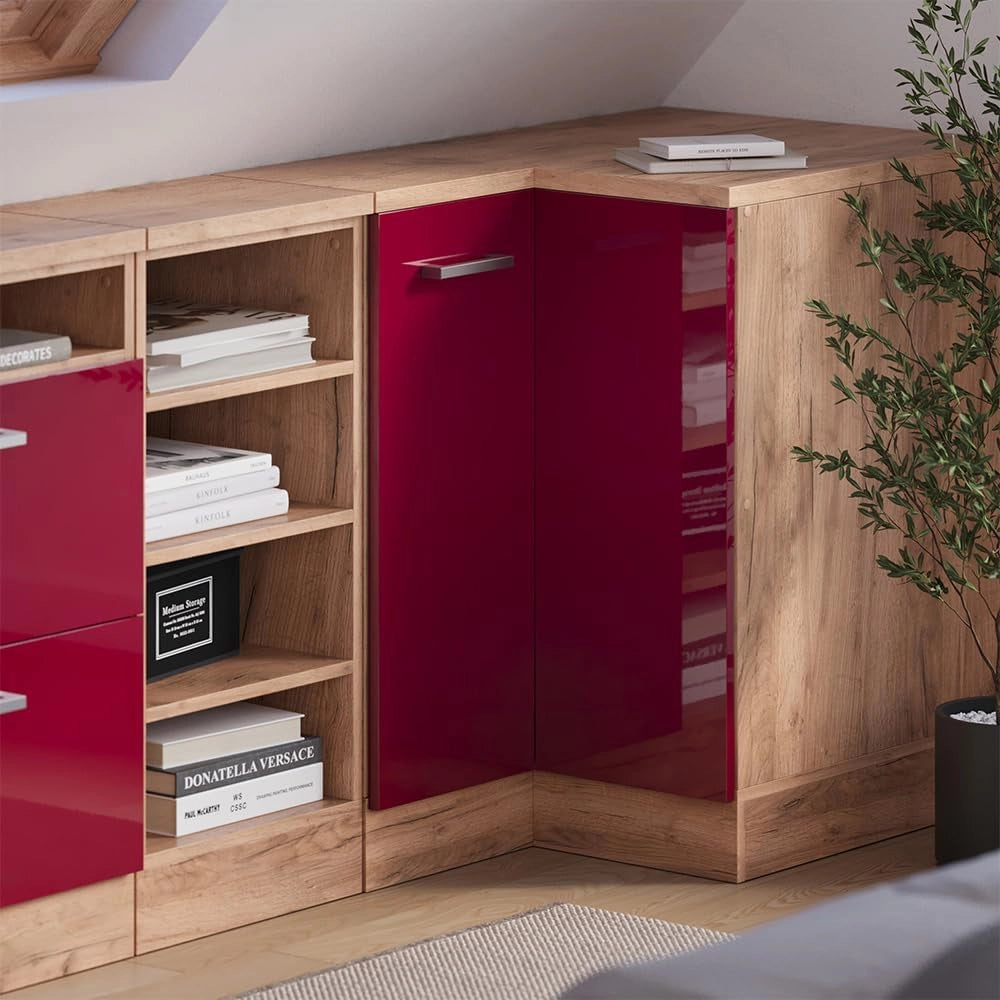 Mobile sottotetto Mobile angolare Rion, Rosso lucido, 75.6 x 81.6 cm con 1 porta, carcassa dell’armadio profondità 60 cm, adatto per il salvaspazio sotto tetti spioventi