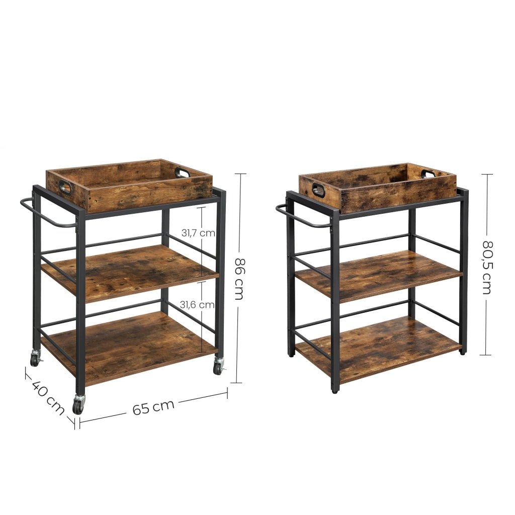 Carrello da cucina in stile industriale con piano rimovibile piedini regolabili e ruote struttura in ferro 65 x 40 x 86 cm marrone rustico 12_0005297