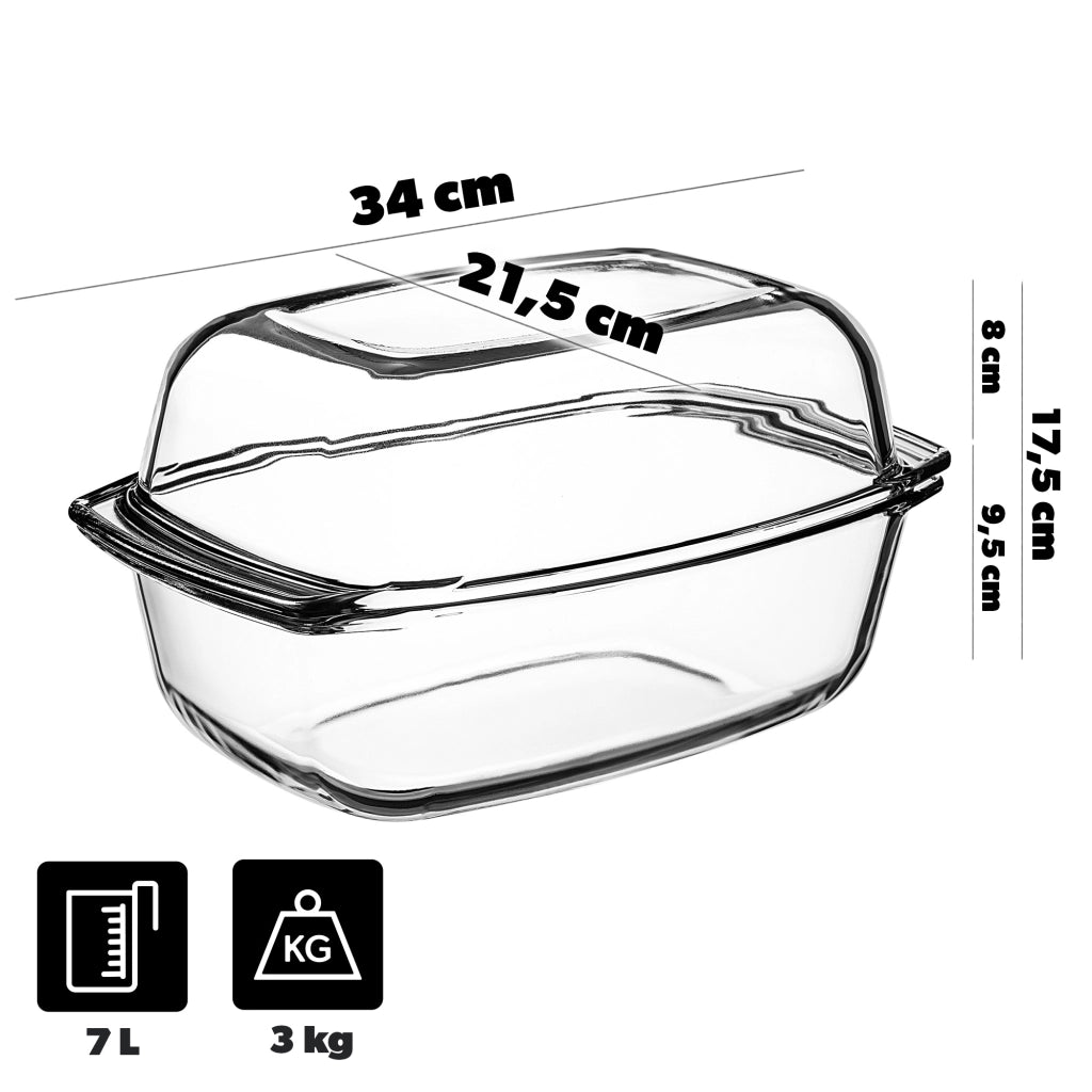 Teglia da forno rettangolare in vetro grande KADAX da 7 litri con coperchio